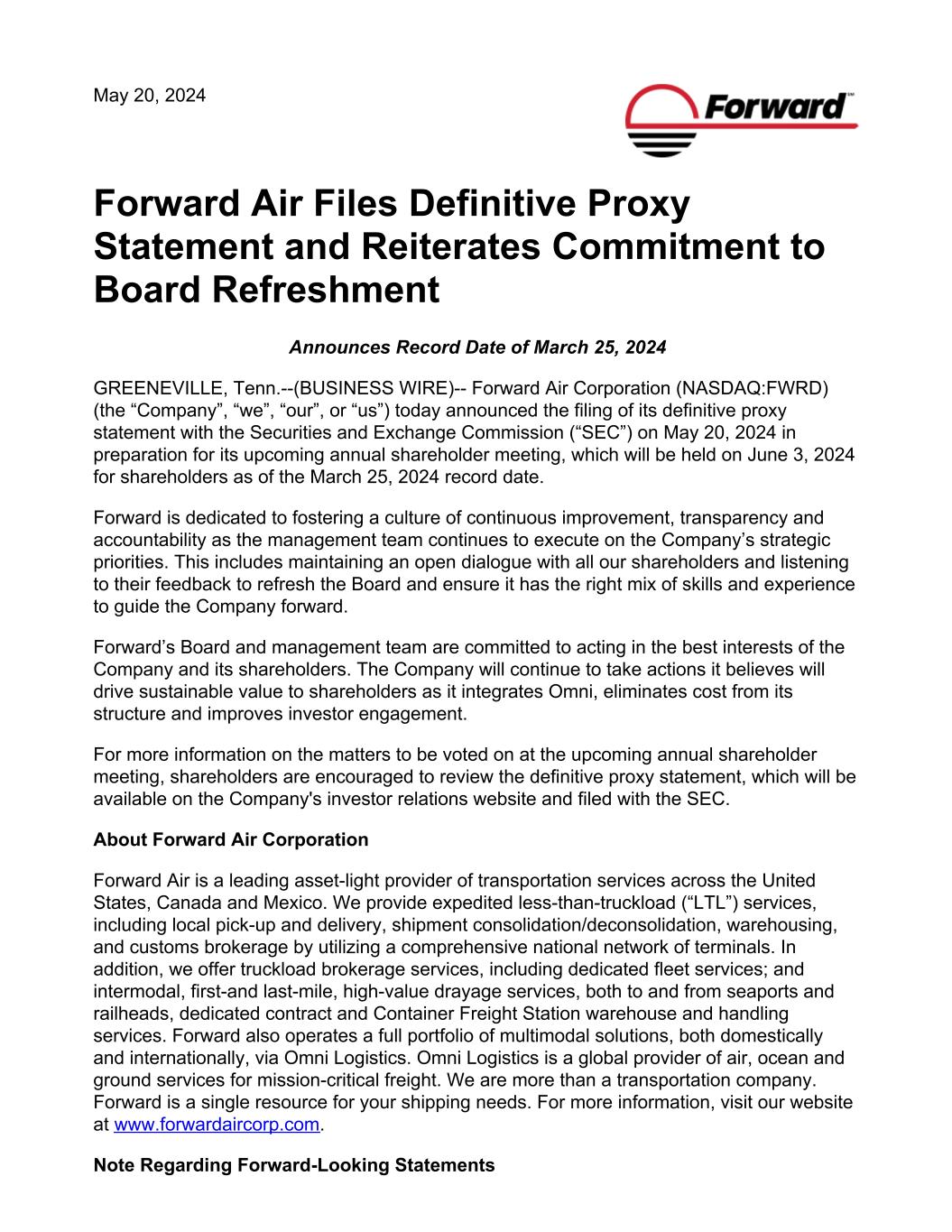 Forward Air Files Definitive Proxy Statement and Reiterates Commitment to Board Refreshment001.jpg
